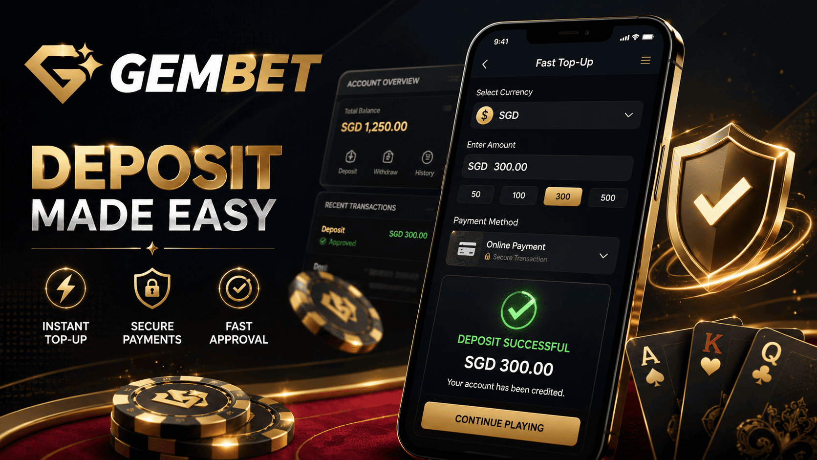 Gembet deposit guide showing fast top-up methods and secure casino payment screen