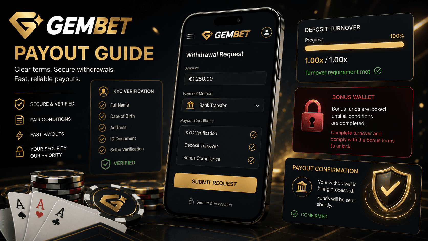 withdrawal terms guide for Gembet payouts KYC verification 1x turnover and bonus compliance