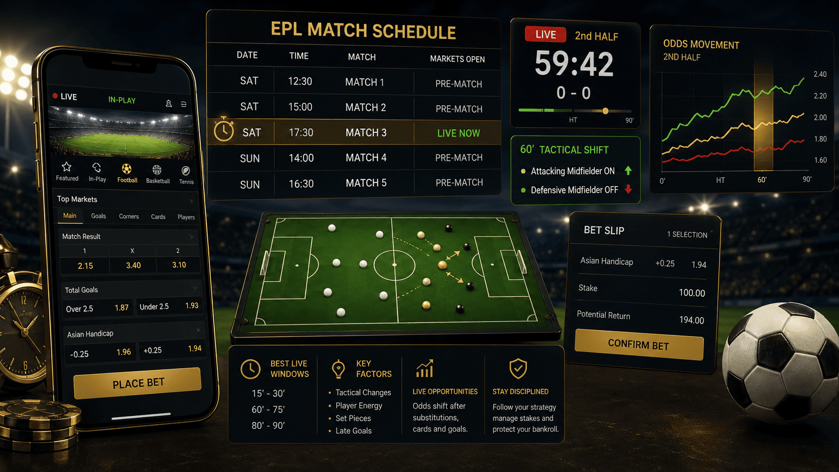 sports betting schedules guide for EPL kickoff timing live betting windows tactical substitutions and Gembet sports