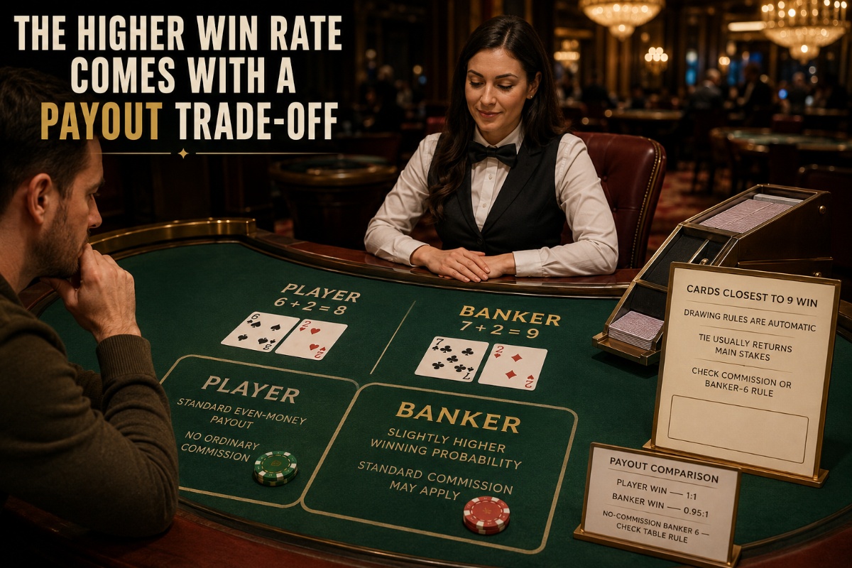Banker bet vs Player bet comparison showing baccarat payouts and commission