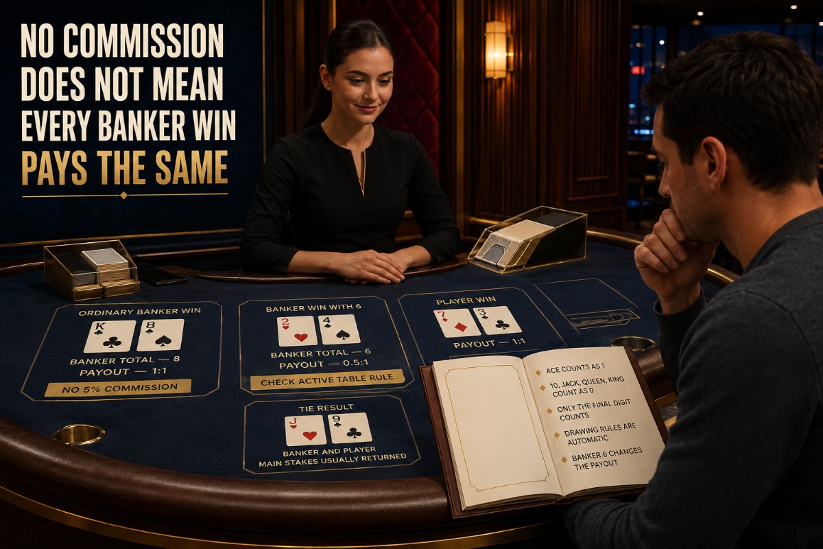 No commission baccarat rules showing ordinary Banker and Banker 6 payouts