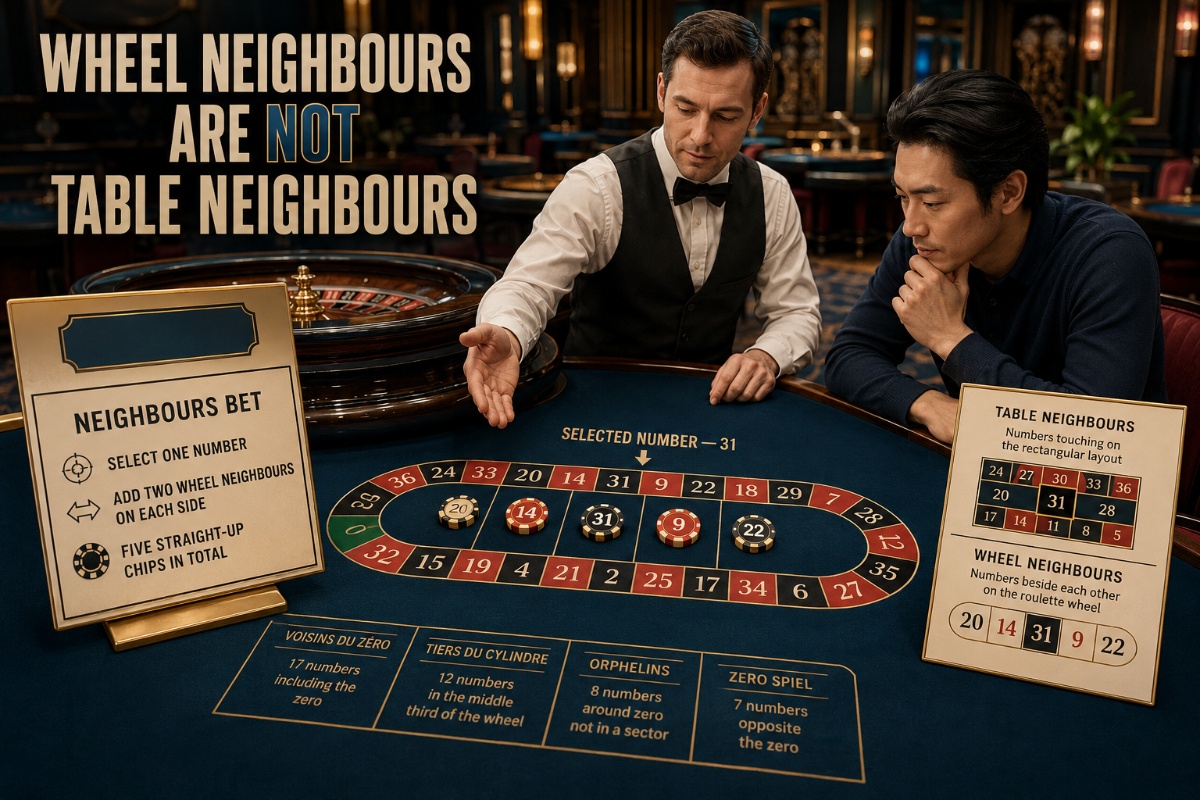 Roulette neighbour bets covering one number and four adjacent wheel pockets