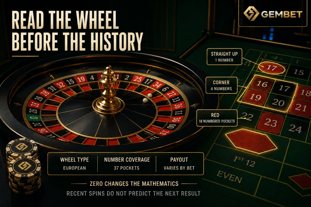 Live roulette online on Gembet showing single zero wheel inside bets outside bets and payout coverage