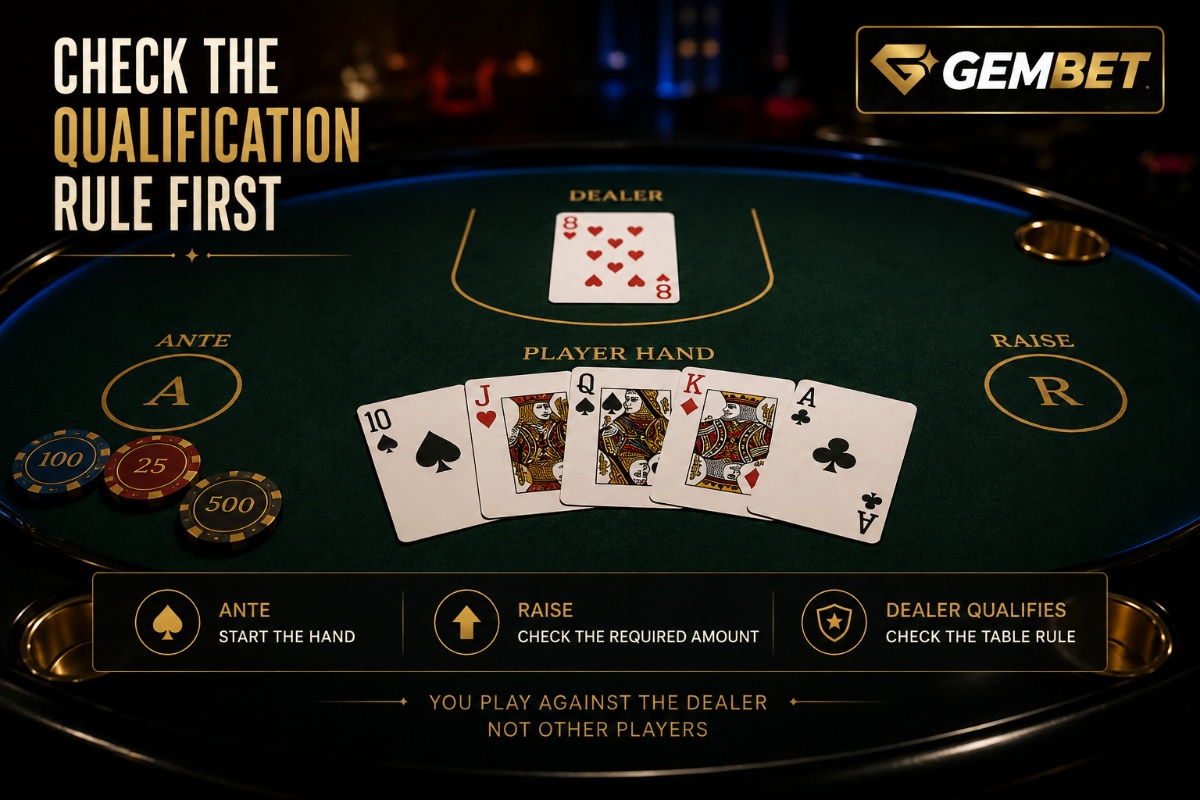 Caribbean Stud Poker on Gembet showing Ante Raise dealer qualification and poker hand settlement