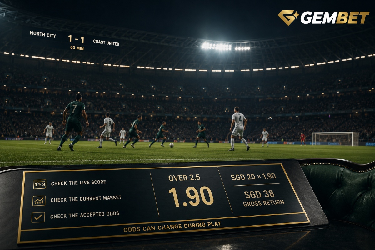 Live betting guide showing changing in play odds during a fictional football match