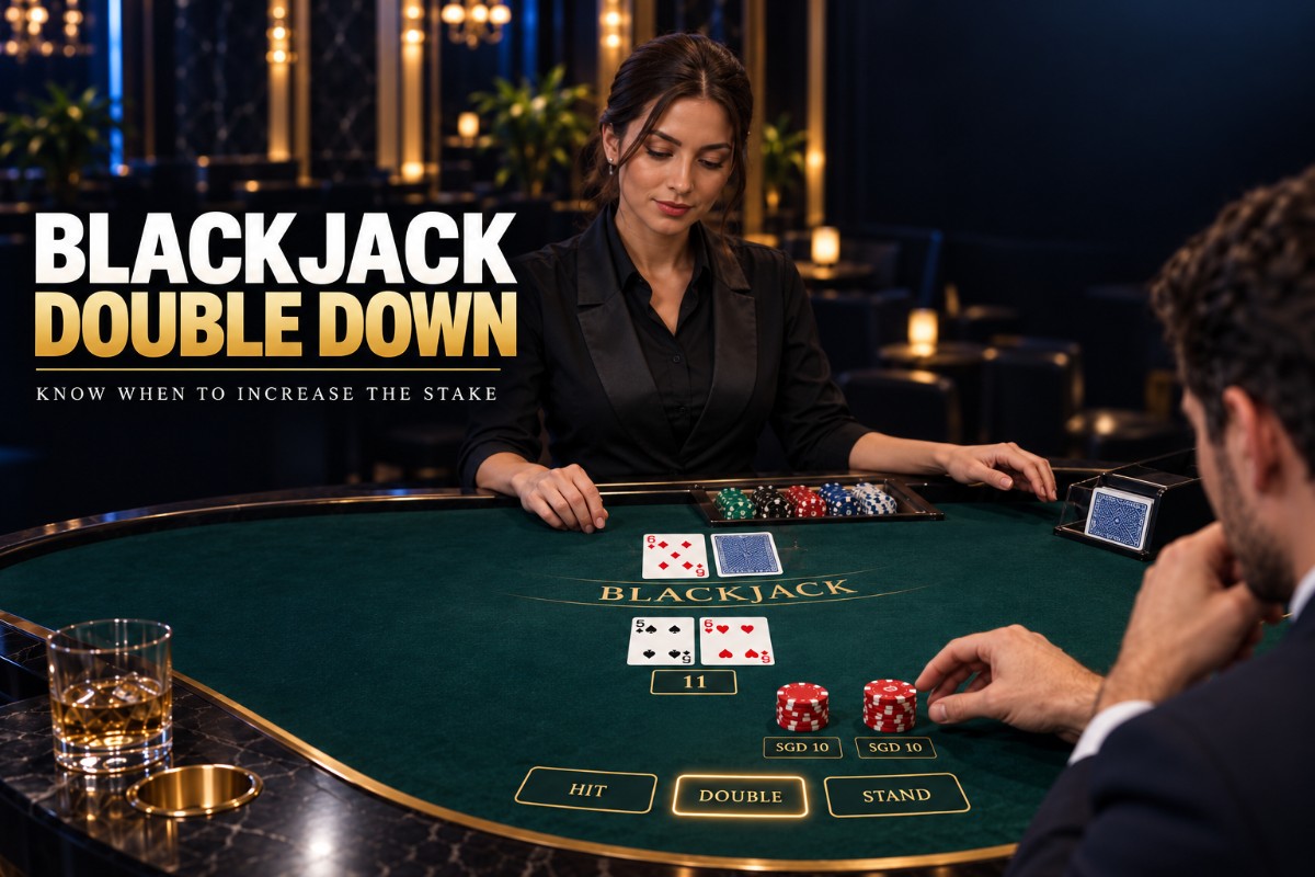 Blackjack Double Down guide showing a player increasing the stake before receiving one final card