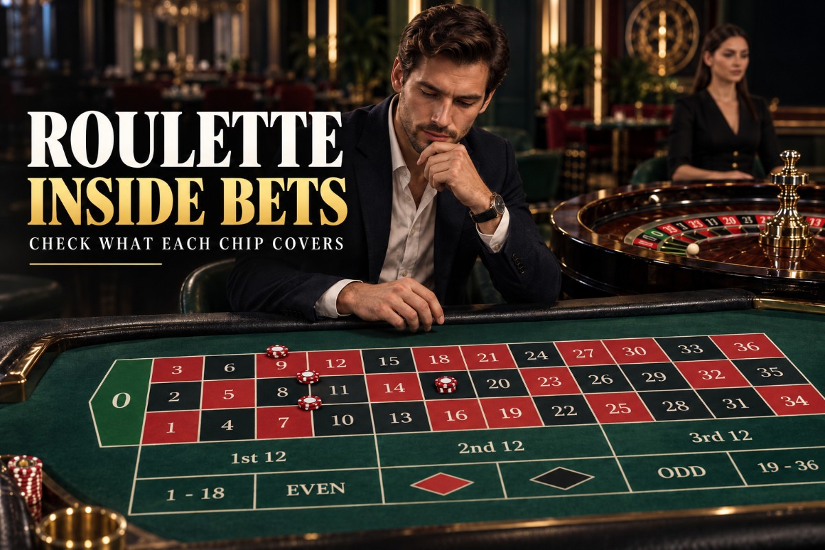 Roulette Inside Bets guide showing straight up, split, street and corner chip placements