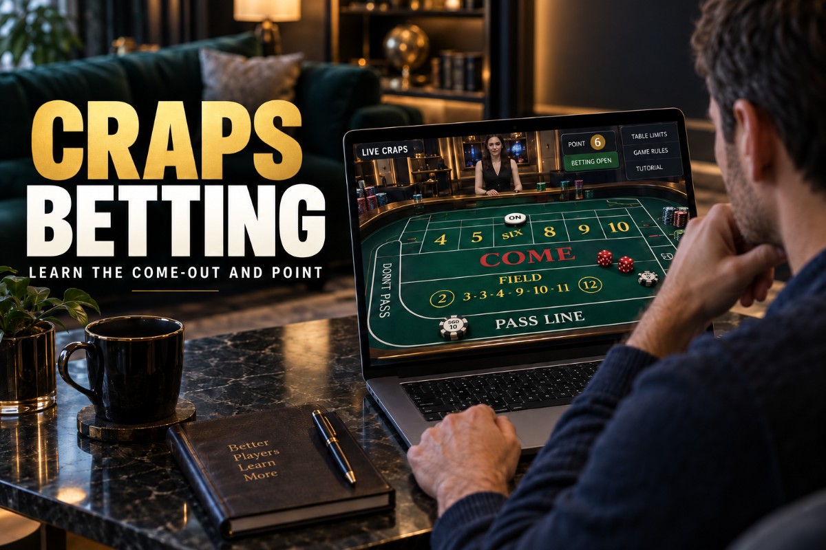 Craps Betting guide showing Pass Line, Don't Pass, Come and point number wagers